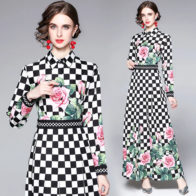 

Vintage Chessboard Plaid Printed Birthday Party Long Sleeve Dress Spring/Autumn Office Lady Button Shirt Dress Vestido Feminino