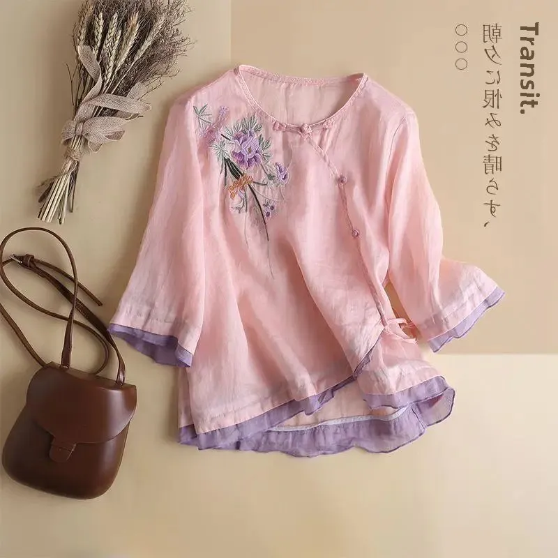 Женская рубашка из хлопка и льна с вышивкой в этническом стиле летнее новое