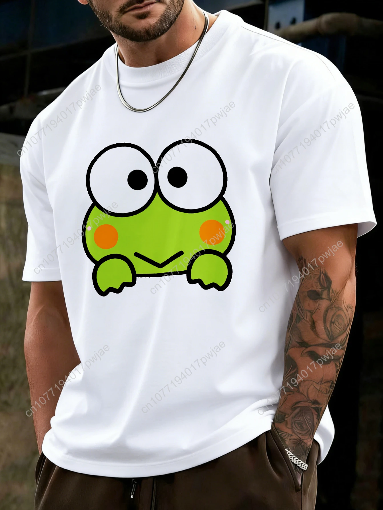 Фото Мужская черно-белая футболка Sanrio Has Keroppi с забавным принтом и милым изображением персонажа, свободный крой, короткий рукав, для косплея №2