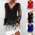 Рождественские платья для женщин, мини-платье с V-образным вырезом и длинным рукавом, весна-осень, Сексуальные облегающие кружевные платья, вечернее платье