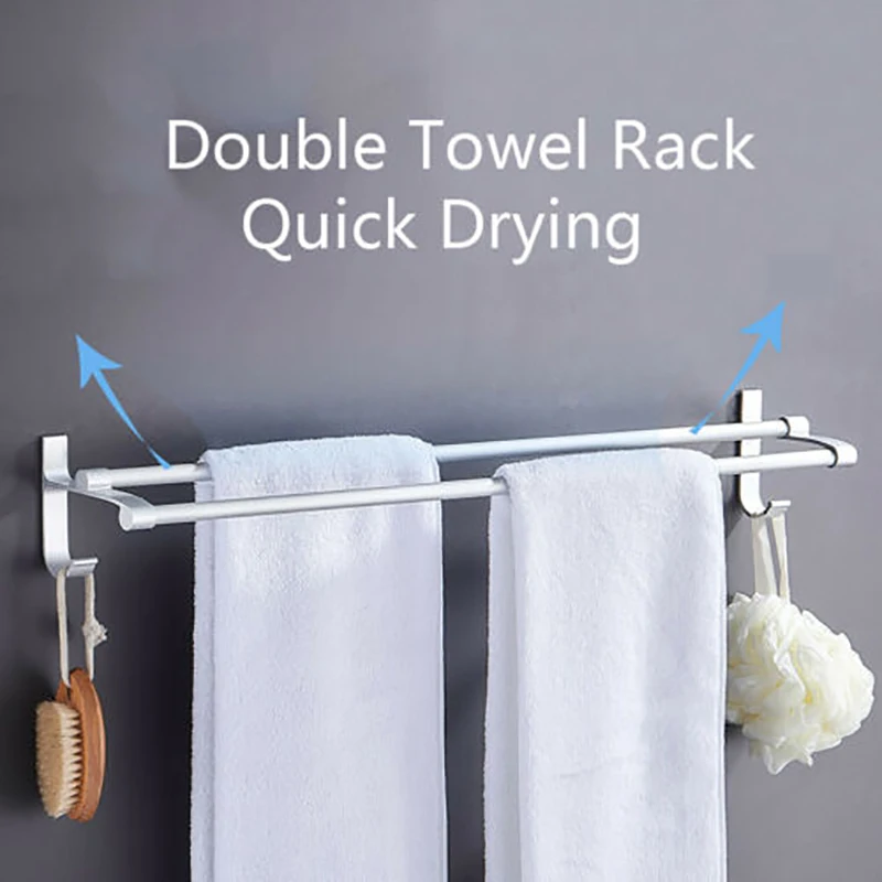 

Wall Mounted Towel Bars Punch-free Double Towel Racks Hanger with Hooks Shelf Toilet Bathroom Holder Bathroom Kitchen Organizer