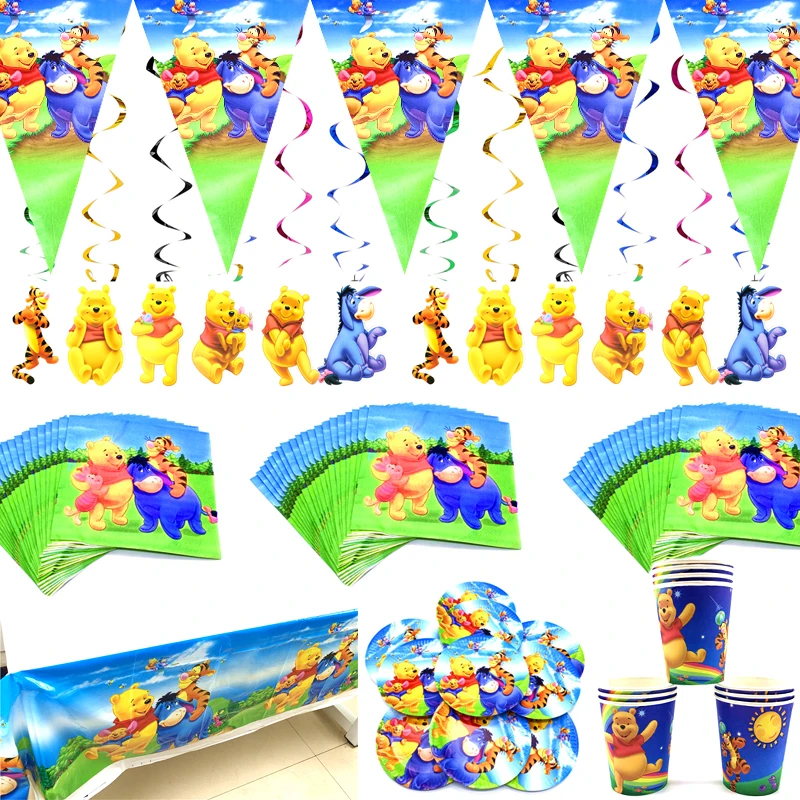 

63pcs/lot Disney Winnie The Pooh Bear Napkins Banner Birthday Party Flags Plates Cups Tablecloth Decorate Hanging Ceiling Swirls