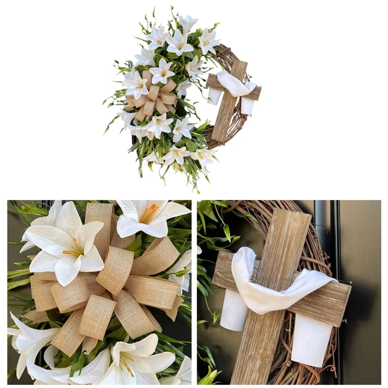 

Easter Cross Wreath with Bow Rattan Ring Garland Hanging Ornament for Home Front Door Wall Garden Decoration Art Gift Supplies