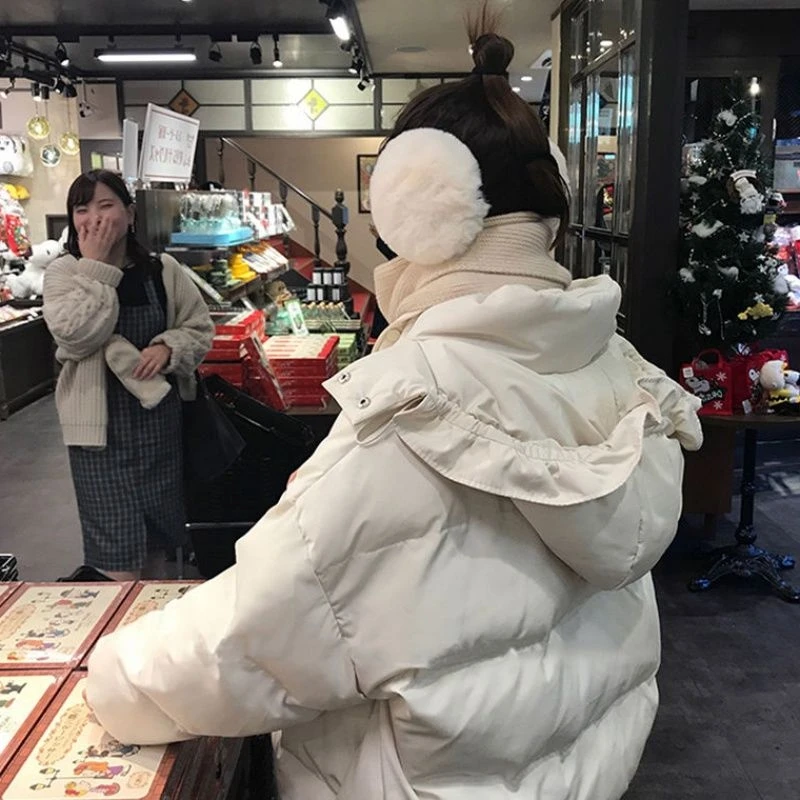 Cute Girl Kawaii Coat Women Parkas Top  Winter College Thick Padded Loose Cute Student Lotus Leaf Jacket Female Sweet Tide