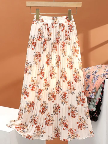 Женская плиссированная юбка SURMIITRO, элегантная длинная юбка средней длины с высокой талией и цветочным принтом в Корейском стиле, лето 2024