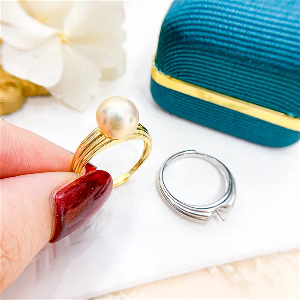 

S925 sterling silver wrapped real gold half hole bead holder ring handmade diy sticky crystal pearl inlay empty holder open ring