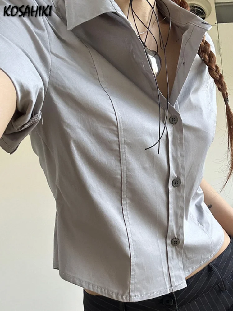 

Женская однотонная однобортная блузка Y2k, летняя уличная одежда с коротким рукавом, укороченные рубашки, универсальные повседневные блузы