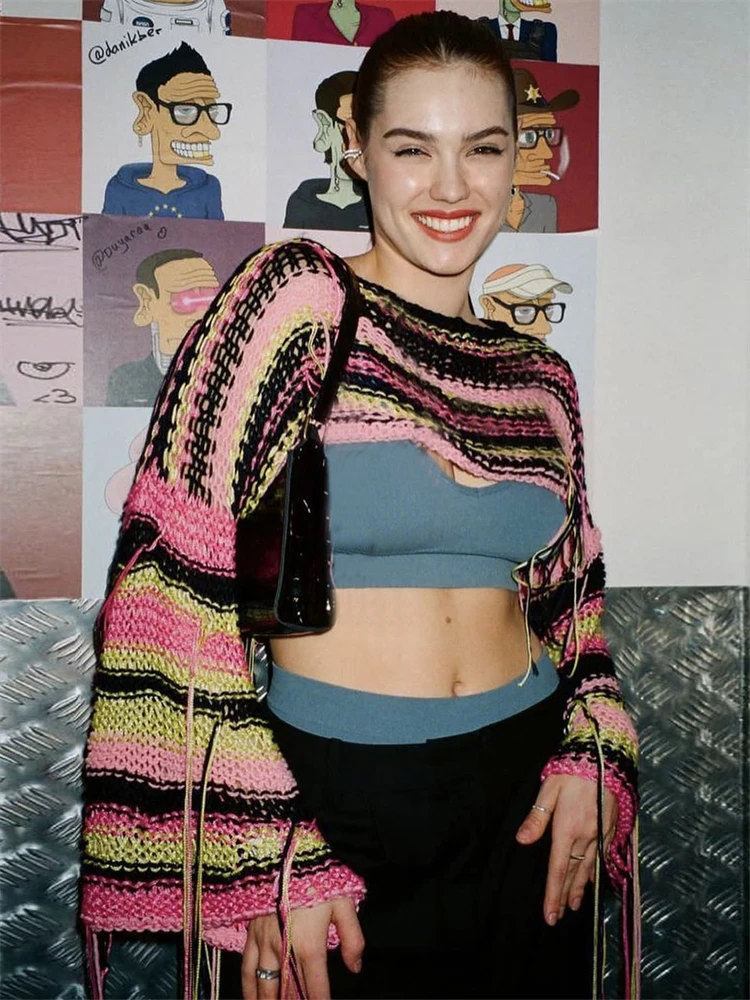 

Женский укороченный свитер с радужными кисточками Y2K, пикантный свободный праздничный вязаный пуловер, Женская эстетичная трикотажная одежда с расклешенными рукавами
