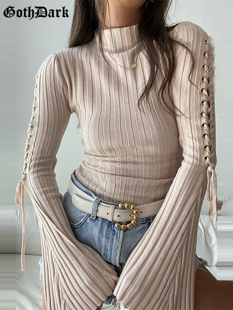 

Goth Dark Ribbed Lace Up Elegant Women T-shirts Gothic Solid Flare Sleeve Mock Neck Bodysuits Y2k Slim Fall Streetwear Blouses