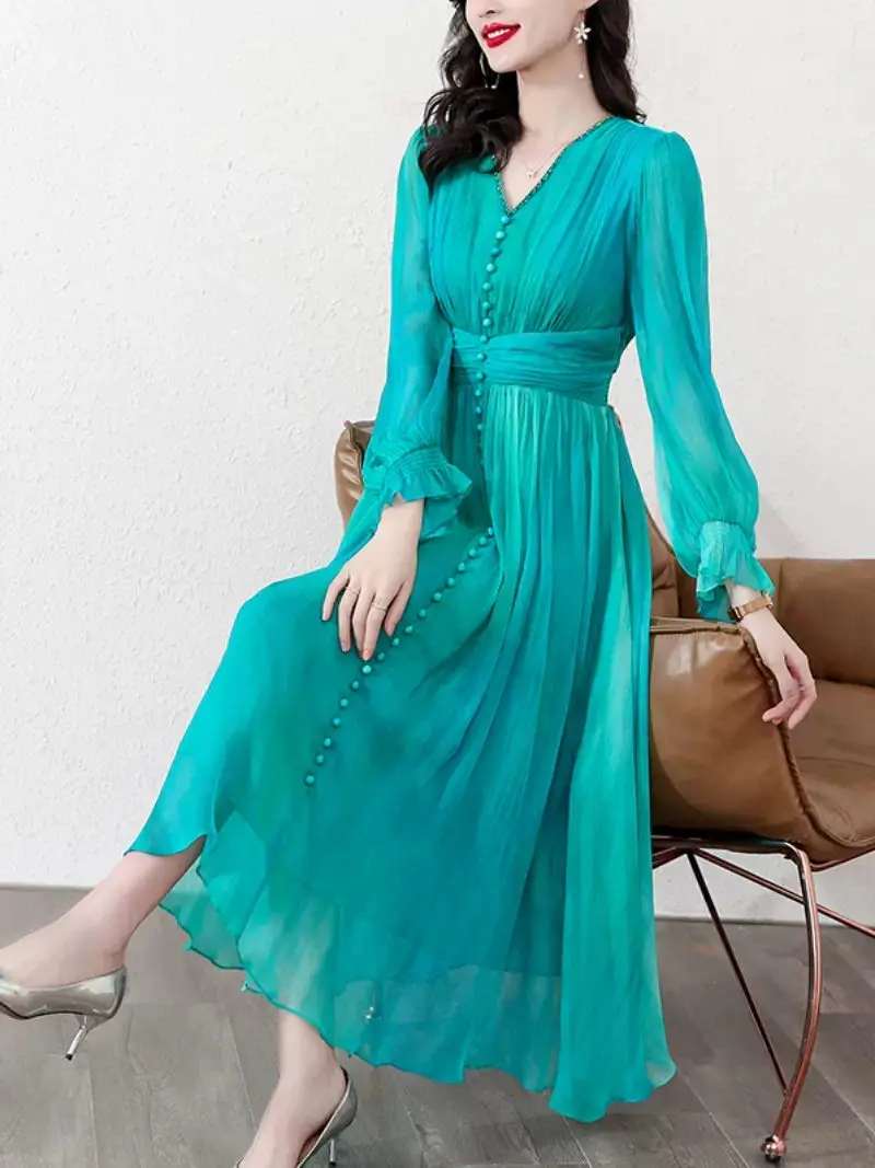 Spring/Summer V-Neck Long Sleeve Elegant Dresses For Woman 2023   Faashion Celebrity Korean Temperament High End Silk Dress Z751
