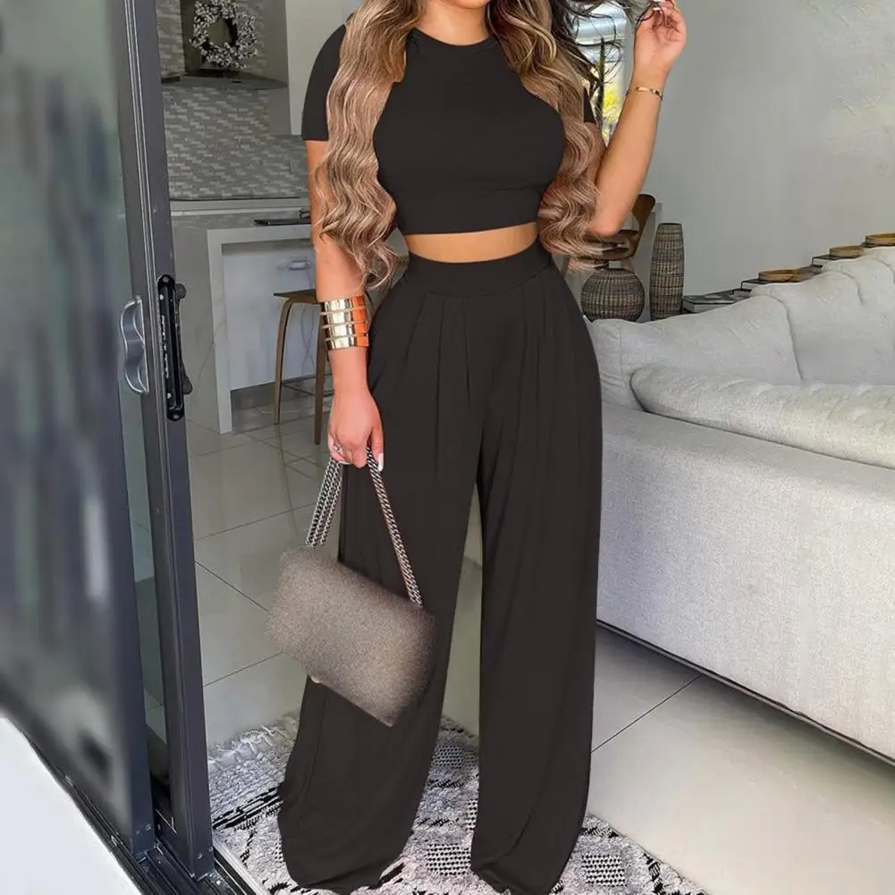 

Women Suit Fashionable Navel Exposed Top Pants Two Piece Set Soft Pants Suit Slim Top Wide Legs Suit for Daily Wear