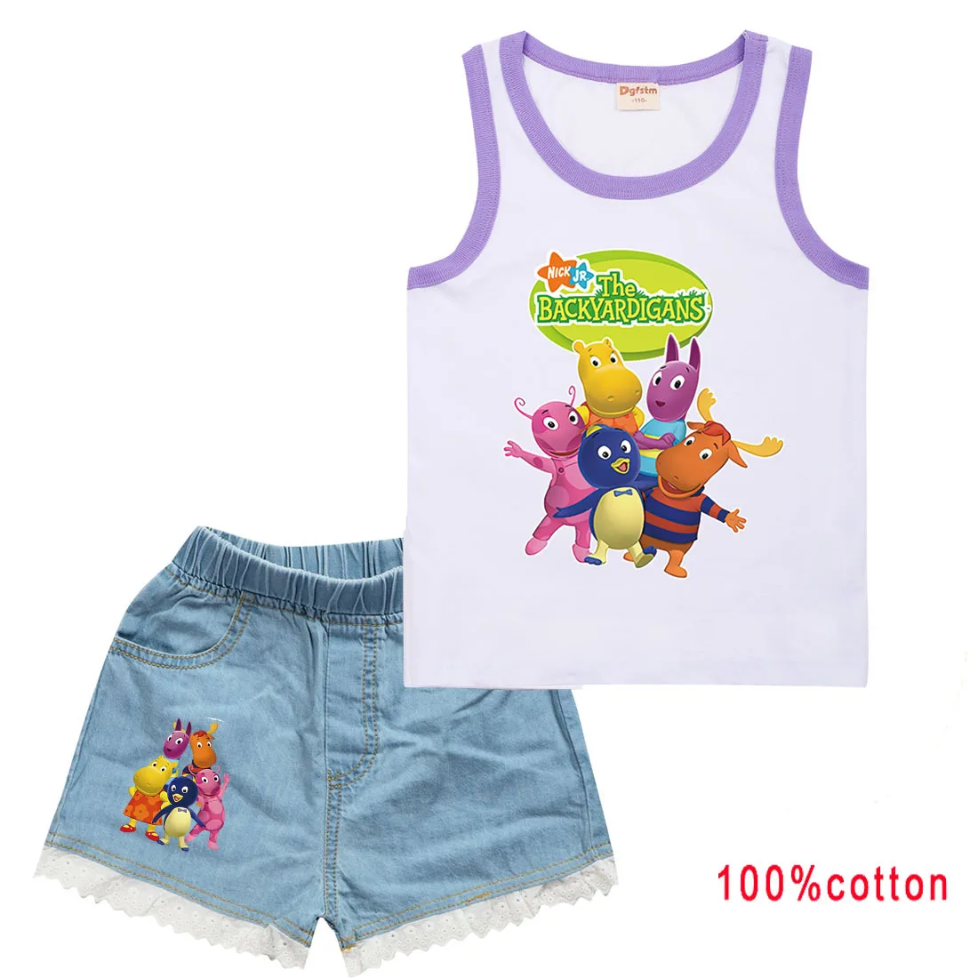 Cute Backyardigans Clothes Kids Sleeveless Tshirt+denim Short 2pcs Sportsuits Boys Summer Tracksuit Toddler Girls Casual Outfits