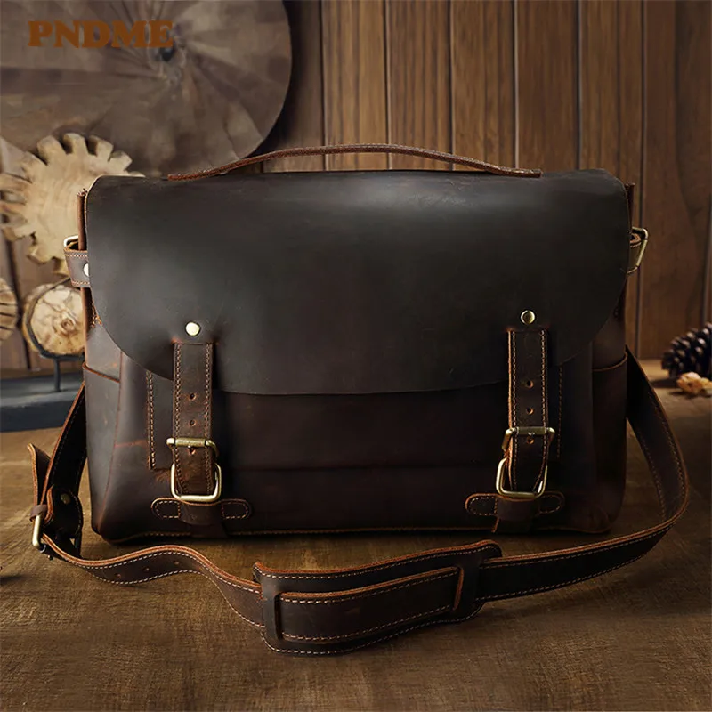 Crazy horse cowhide men's briefcase vintage natural genuine leather messenger bag business casual office work laptop handbag