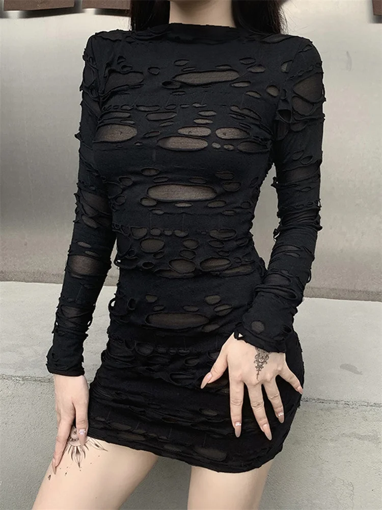 

New Harajuku Gothic Black Mini Dress 2022 Vintage Streetwear Rock Punk Hollow Retro High Waist Long Sleeve Bodycon Party Dresses