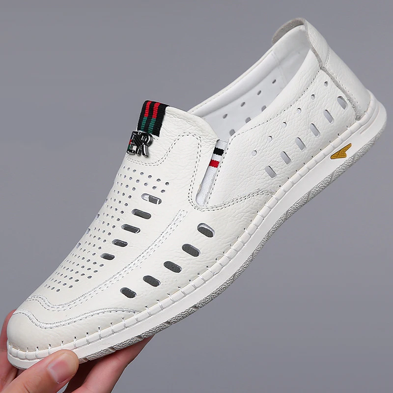 Мужские повседневные туфли из натуральной кожи коричневые ажурные слипоны