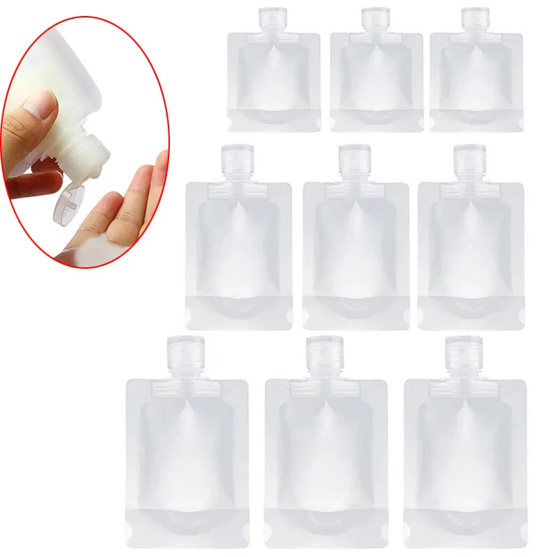 

50Pcs Travel Refillable Clamshell Packaging Bag, Empty Squeeze Plastic Stand Up Spout Pouch for Lotion Shampoo 30ml 50ml 100ml