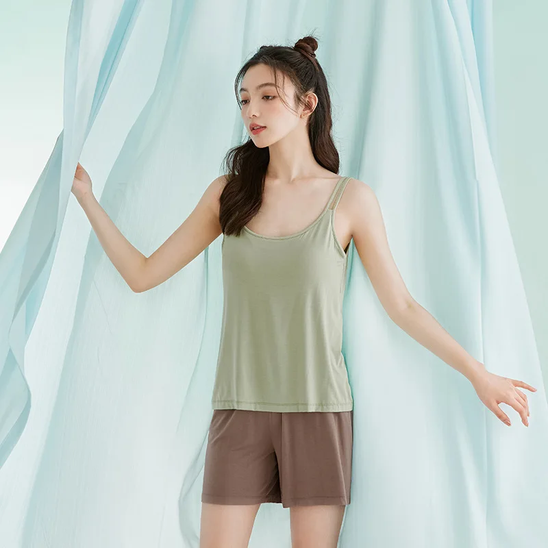 Pajamas for Women's Summer Solid Color Sling Suit New Loose Short-sleeved Nightdress Temperament Home Service with Round Neck