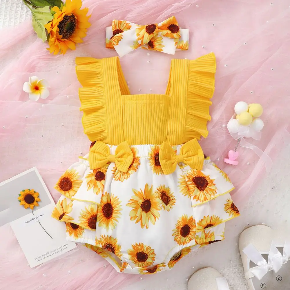 

Summer Newborn Infant Baby Girls Romper + Headband Sunflower Prints Sleeveless Rompers Kids Onepiece Fashion Baby Clothing 0-24M