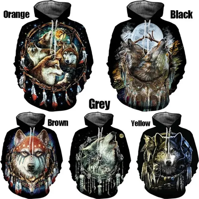 

Fashion Wolf Head 3D Printed Men's Black Cool Hoodies Casual Long Sleeve Streetwear Pullover Tops Fashion Street Hoodies