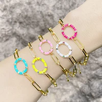 flola elegant gold plated paper clip chain bracelets for women enamel neon round disc bracelets cz crystal jewelry gifts brth20