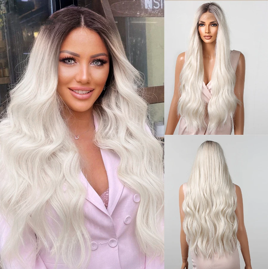 

HAIRCUBE Long Brown White Ombre Synthetic Wigs for Afro Women Natural Wave Lace Front Wigs High Density Daily Cosplay Fake Hair