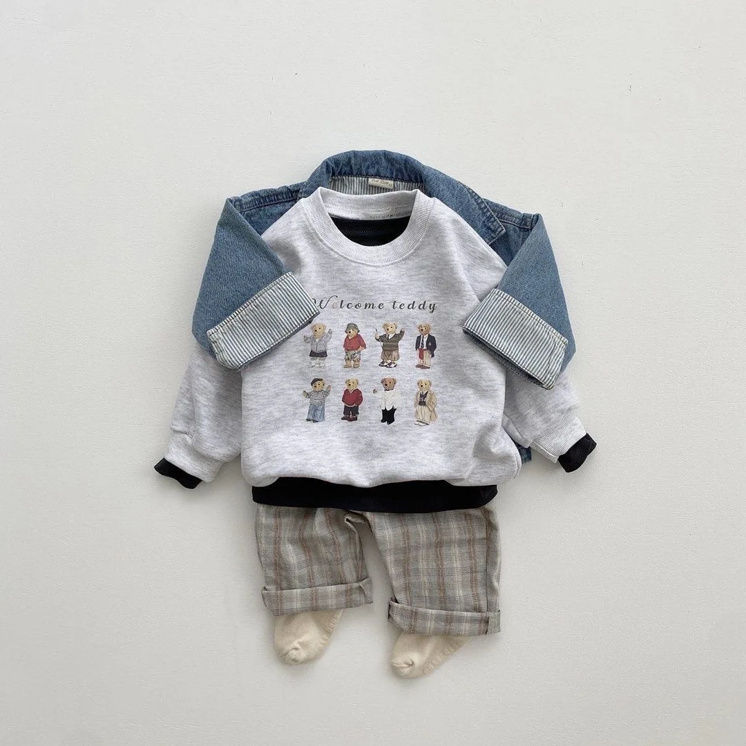 2022 Autumn New Children Cartoon Print Long Sleeve T-shirt Kids Girl Cute Bear Tops Boy Baby Letter Cotton Tees Toddler Clothing