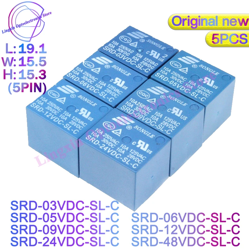 

5Pcs Relays SRD-03VDC-SL-C SRD-05VDC-SL-C SRD-06VDC-SL-C SRD-09VDC-SL-C SRD-12VDC-SL-C 3V 5V 6V 9V 12V 24V 48V 10A 250VAC 5PIN