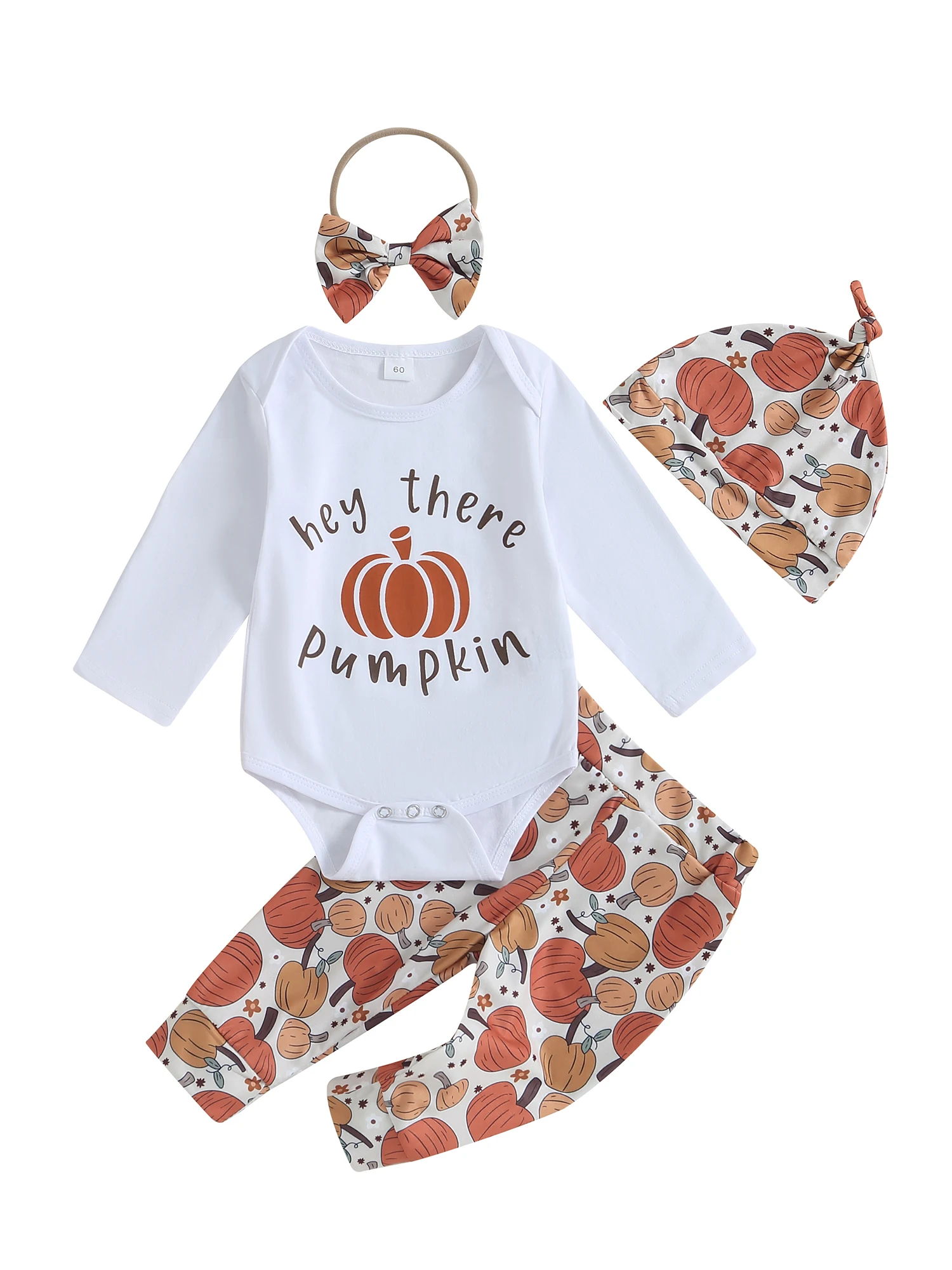 

Get Your Little One Ready for Halloween with this Adorable 4-Piece Pumpkin Outfit Set - Long Sleeve Romper Pants Headband