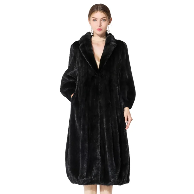 New velvet high quality real woman mink fur coat natural black lapel winter warm long paragraph fur coat large size custom