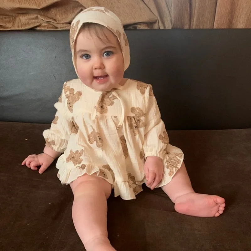 Spring Korean Baby Boy Girls Romper Newborn Organic Cotton Cartoon Bear Print Puff Sleeve Shorts Suit Baby Cute Bear Clothes Set