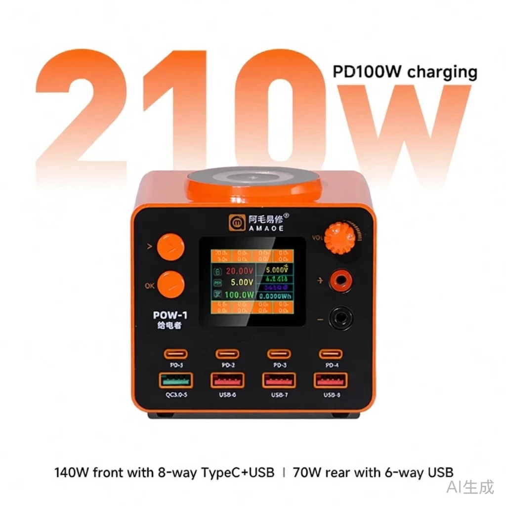 Фото Многофункциональное зарядное устройство AMAOE POW-1 с быстрой зарядкой PD QC3.0, беспроводной зарядкой и регулируемым источником питания 5V6A для ремонта телефонов и ноутбуков №3