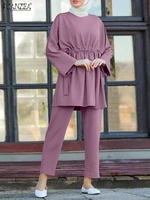 women matching sets zanzea fashion muslim sets casual long sleeve drawstring blouses and pants female solid tops trousers
