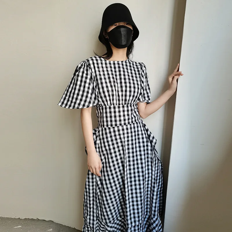 

Design Harajuku Dress Women Chic OL Commuter Dress 2022 Autumn New Chic Street Casual Dress Round Neck Cloak Sleeves Plaid Dress
