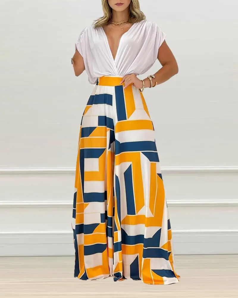 

Women's 2-Piece Set, Casual Women's Wear, Deep V-Neck Top and Wide Leg Pants Set, New Summer 2022