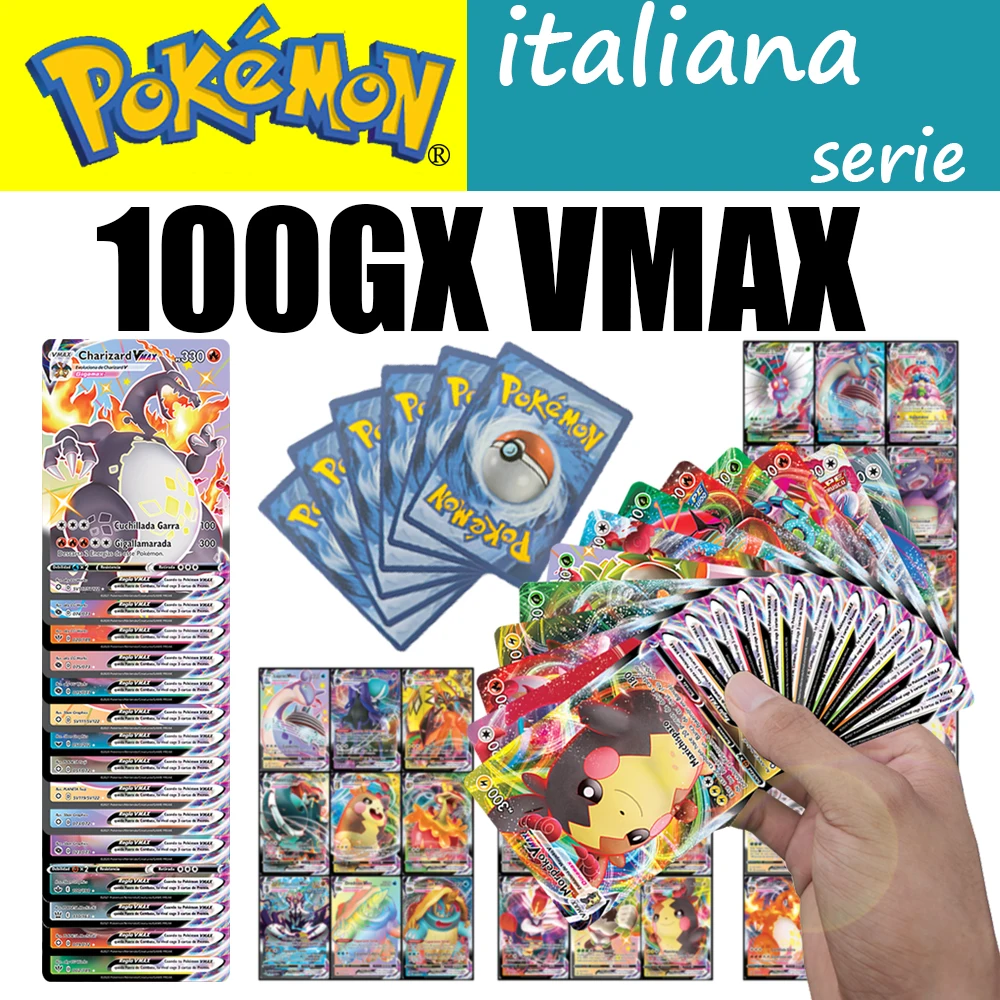 2022 New Pokemon Card Italian 100 Vmax GX Pikachu Game Battle Shining Pokémon Cards Kids Toys for Halloween Gift Dropshipping