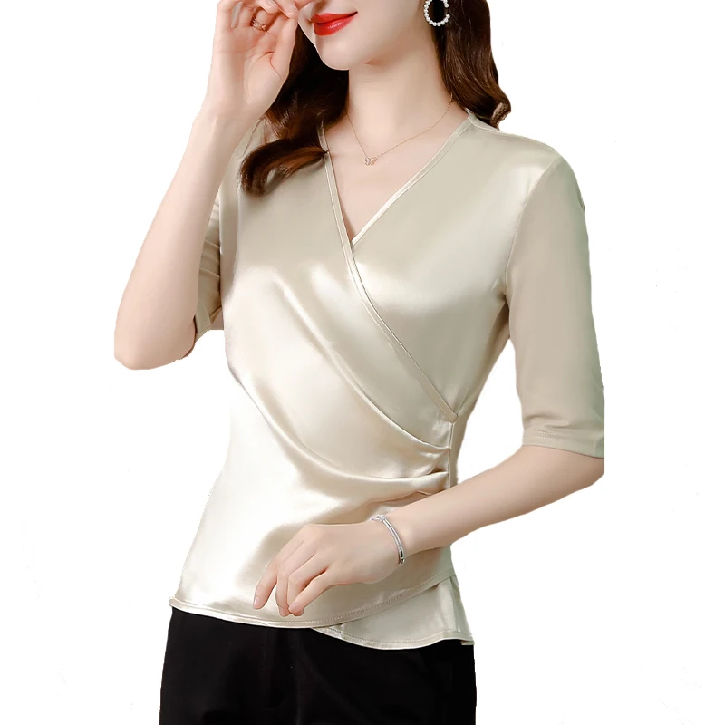 

Summer Satin Shirts Women Simple Comfortable V-Neck Blouses Elegant Ladies Casual Short Sleeve Tops Fashion 2022 Women Clothing