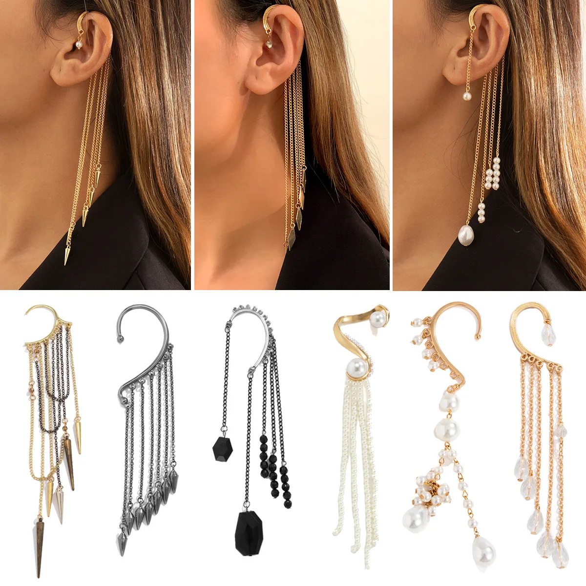 

Gothic Fashion Tassel Imitation Pearl Earless Ear Clip Exaggerated Punk Geometric Single Hot Girl Elf Earring Jewelry Gift