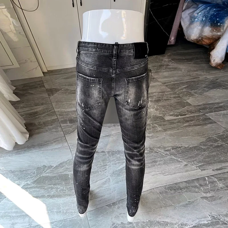 Street Fashion Men Jeans Retro Black Gray Elastic Skinny Ripped Jeans Men Leather Patched Designer Hip Hop Brand Pants Hombre