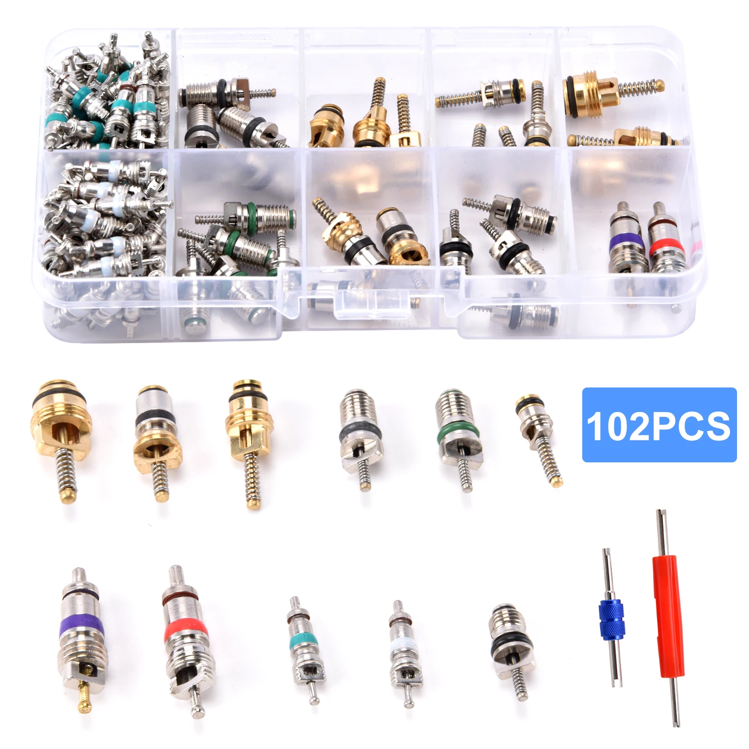 

102Pcs/box R134A Car A/C Core Valves Automotive Air Conditioning Assortment Kit Air Conditioners Valve Cores Remover Tool Kit