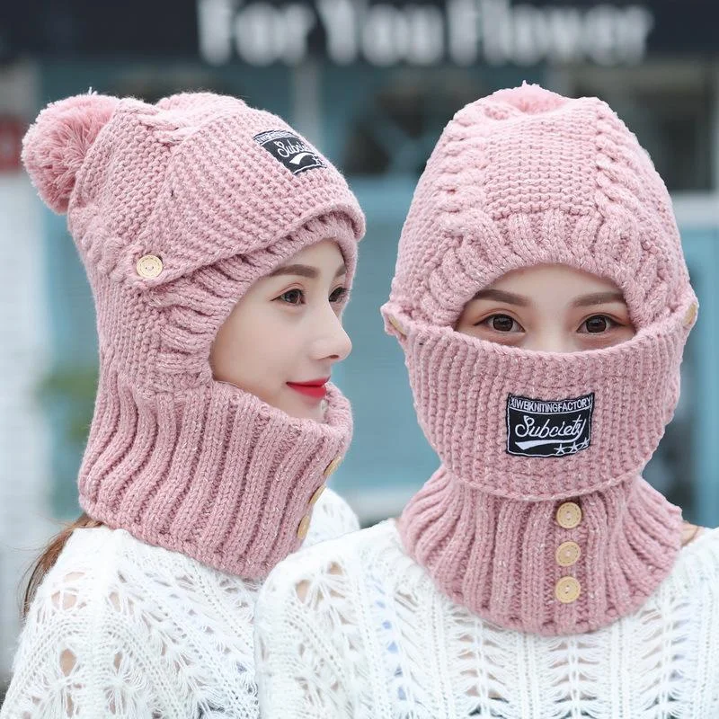 

Winter Warm Knitted Hat Windproof Outdoor Scarf Mask Integrated Cap for Women Ear Protection Caps Ski Hat Beanies Hat