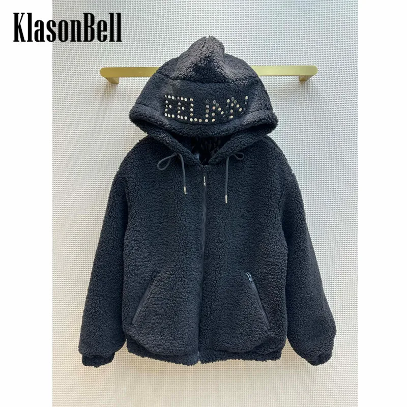 

10.23 KlasonBell Heavy Industry Letter River Drawstring Decoration Keep Warm Hooded Teddy Bear Jacket Women