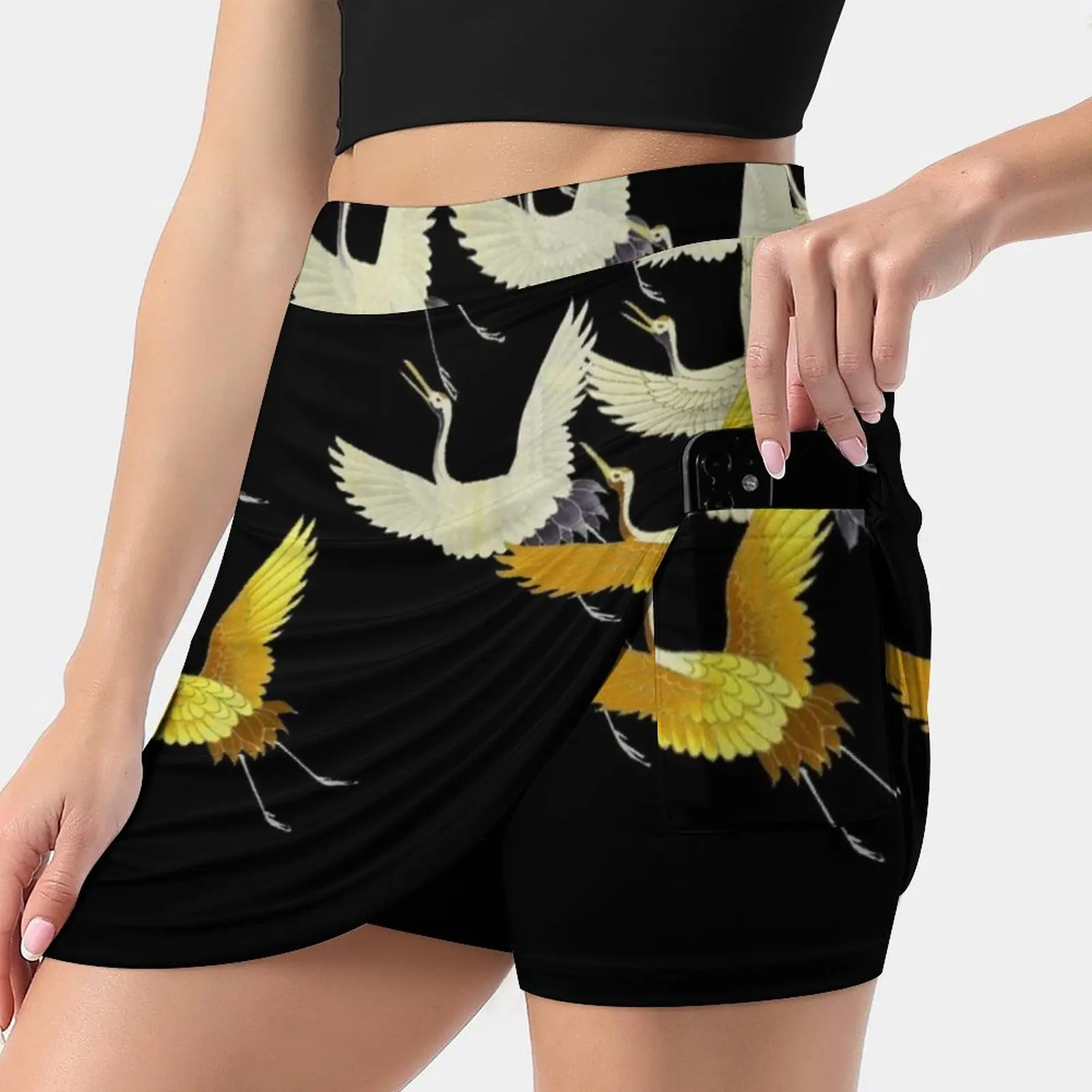 

Золотистая, желтая, белая, летающая юбка с рисунком журавлей в черном японском стиле, Женская Спортивная юбка с карманами, модная юбка в Коре...