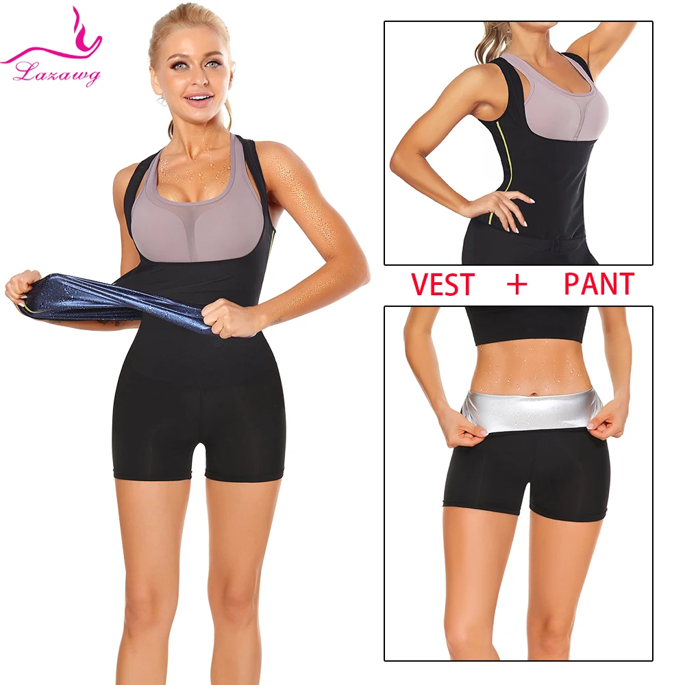

LAZAWG Women Sauna Suit Sweat Set Pants Weight Loss Vest Slimming Tank Top Workout Shorts Body Shaper Fat Burner Fitness Gym