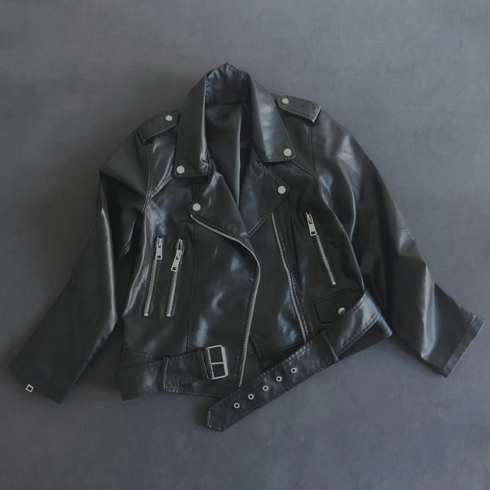 Cross-border 2023 autumn clothes new heavy industry zipper suit collar leather belt motorcycle clothes leather jacket short coat