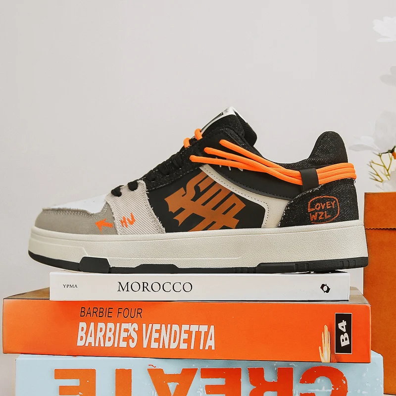 

2023 Trendy Casual Men Sneakers Breathable Patchwork Fashion Skateboard Shoes Round Toe Lace Up Black Flat Shoes