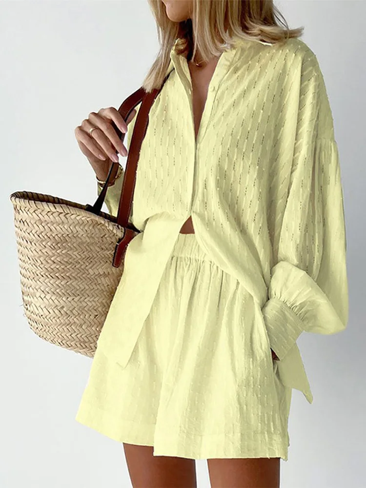 

Casual Two Piece Set Women 2022 Summer Long Sleeve Shirt And Shorts Suit Leisure Outfits Cotton Soft Tracksuit