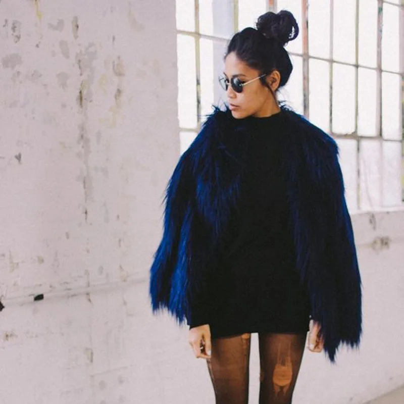Furry Collarless Long-sleeved Coat, Fashion Furry Faux Fur Coat, Women's Fluffy Warm Long-sleeved Women's Autumn and Winter Coat