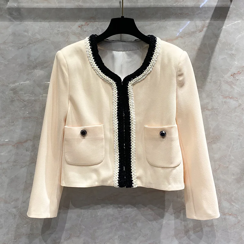 Новое Классическое короткое твидовое пальто с контрастной лентой Женский