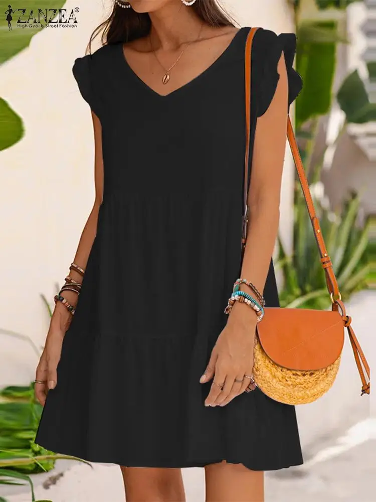 

2023 ZANZEA модное повседневное пляжное Праздничное Платье До Колена женское летнее элегантное однотонное Открытое платье без рукавов с оборками Vestido Robe