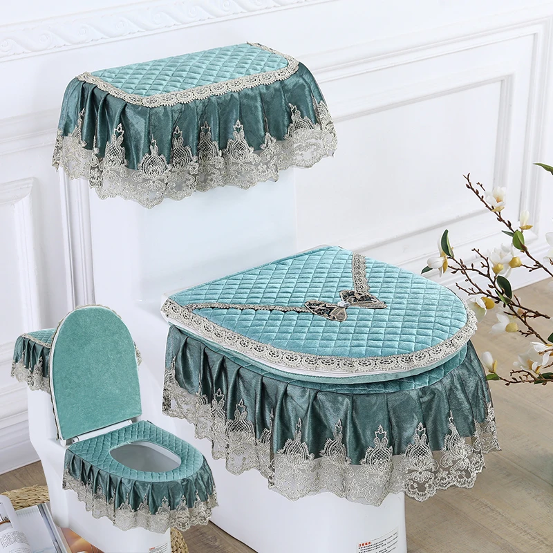 

Four Seasons Lace Toilet Cushion Three Piece Flannel Printing Toilet Seat Set with U-shaped Zipper Beauty Toilet Dust Cover